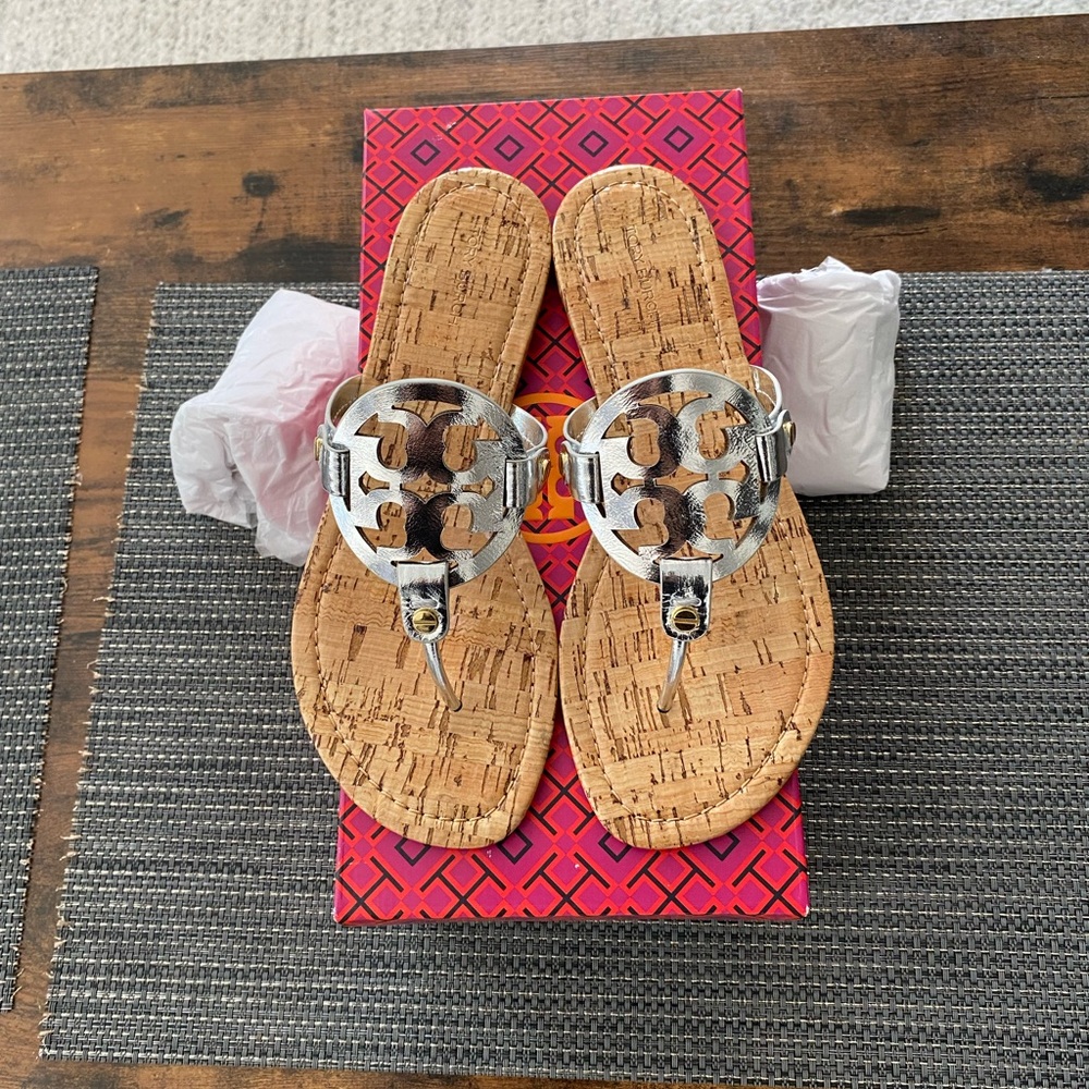 Tory Burch Miller Sandal , Silver Metallic Cork, Leather, NIB. Brand new.